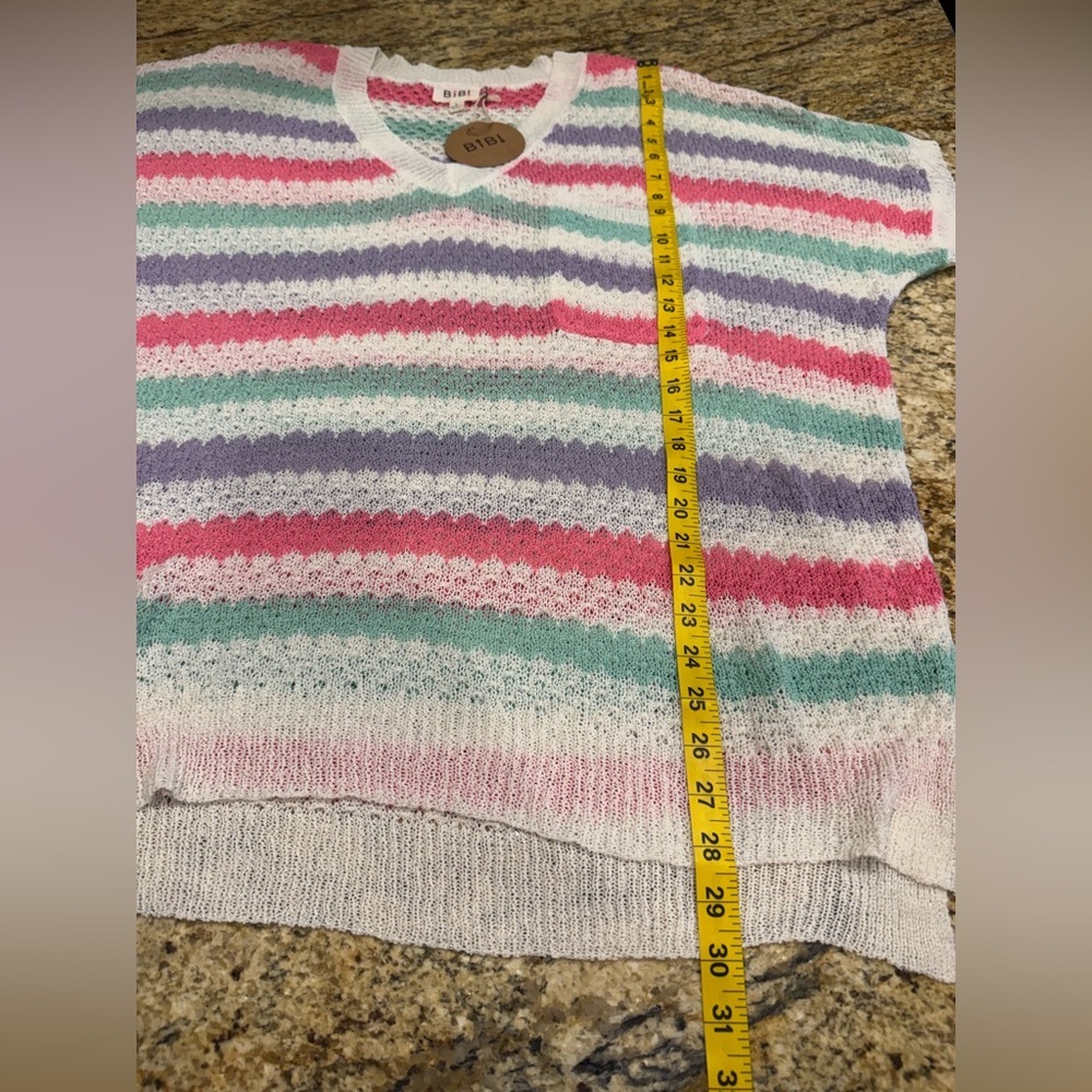 NWT Bibi White/Multicolor Striped Short Sleeve Sweater Women's Size L Oversized - Picture 8 of 8